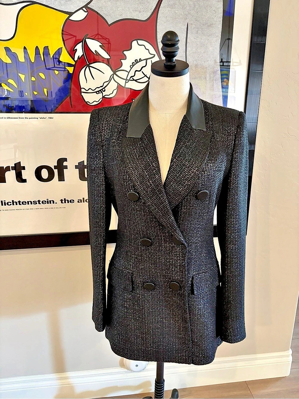 Zara Textured Double-Breasted Blazer in Black with Silver Lurex Size M NWT